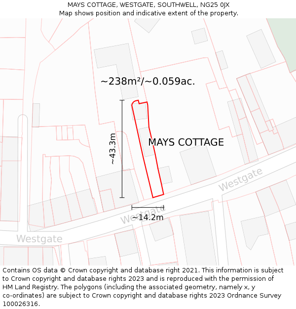 MAYS COTTAGE, WESTGATE, SOUTHWELL, NG25 0JX: Plot and title map