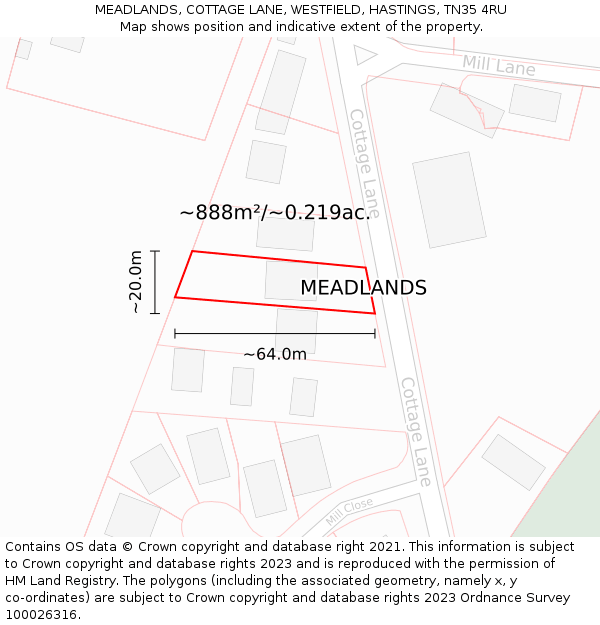 MEADLANDS, COTTAGE LANE, WESTFIELD, HASTINGS, TN35 4RU: Plot and title map