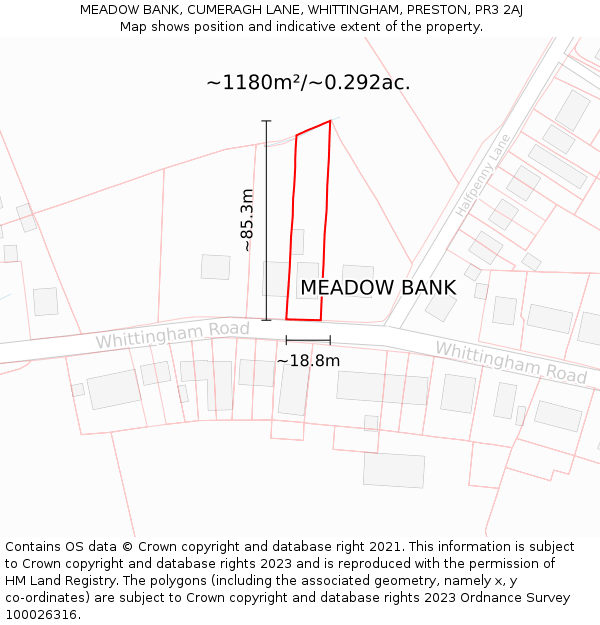 MEADOW BANK, CUMERAGH LANE, WHITTINGHAM, PRESTON, PR3 2AJ: Plot and title map