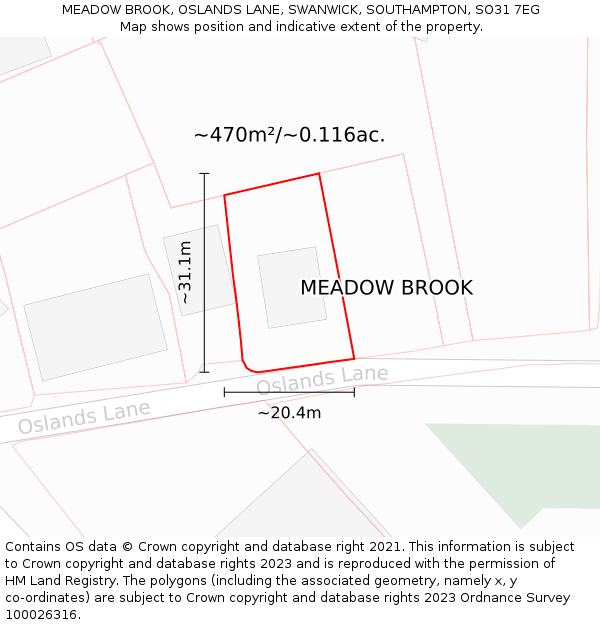MEADOW BROOK, OSLANDS LANE, SWANWICK, SOUTHAMPTON, SO31 7EG: Plot and title map