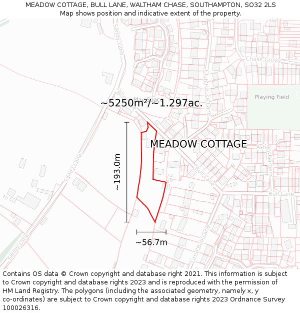 MEADOW COTTAGE, BULL LANE, WALTHAM CHASE, SOUTHAMPTON, SO32 2LS: Plot and title map