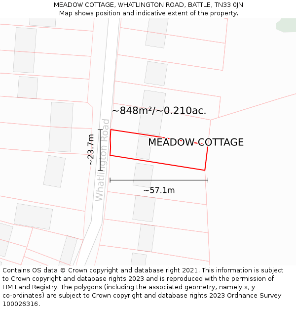 MEADOW COTTAGE, WHATLINGTON ROAD, BATTLE, TN33 0JN: Plot and title map