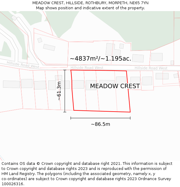 MEADOW CREST, HILLSIDE, ROTHBURY, MORPETH, NE65 7YN: Plot and title map
