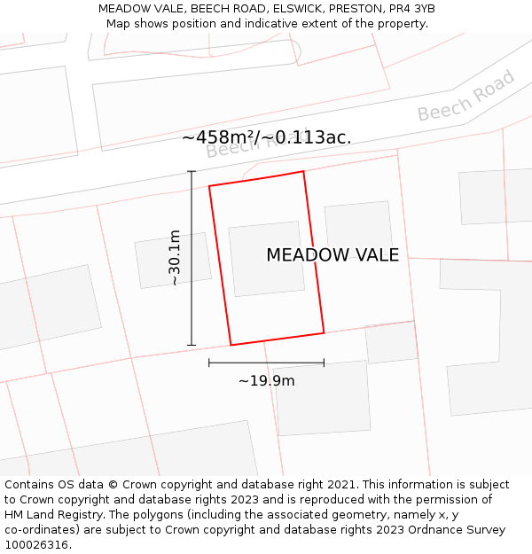 MEADOW VALE, BEECH ROAD, ELSWICK, PRESTON, PR4 3YB: Plot and title map