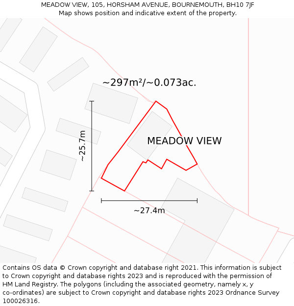 MEADOW VIEW, 105, HORSHAM AVENUE, BOURNEMOUTH, BH10 7JF: Plot and title map