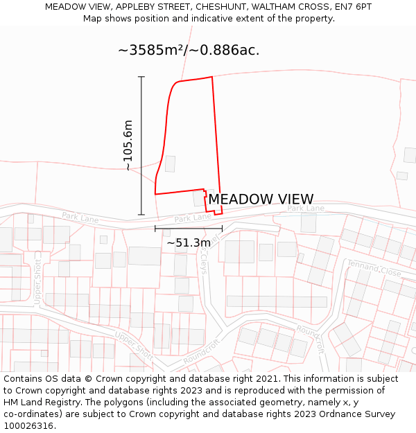 MEADOW VIEW, APPLEBY STREET, CHESHUNT, WALTHAM CROSS, EN7 6PT: Plot and title map