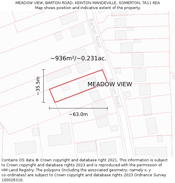 MEADOW VIEW, BARTON ROAD, KEINTON MANDEVILLE, SOMERTON, TA11 6EA: Plot and title map