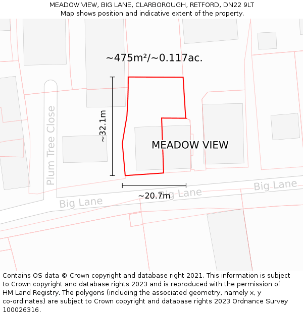 MEADOW VIEW, BIG LANE, CLARBOROUGH, RETFORD, DN22 9LT: Plot and title map