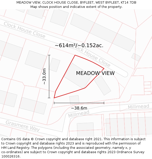MEADOW VIEW, CLOCK HOUSE CLOSE, BYFLEET, WEST BYFLEET, KT14 7DB: Plot and title map