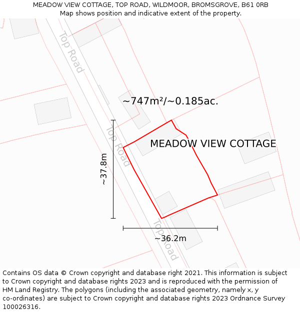 MEADOW VIEW COTTAGE, TOP ROAD, WILDMOOR, BROMSGROVE, B61 0RB: Plot and title map