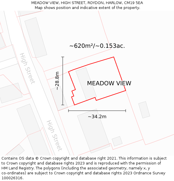 MEADOW VIEW, HIGH STREET, ROYDON, HARLOW, CM19 5EA: Plot and title map