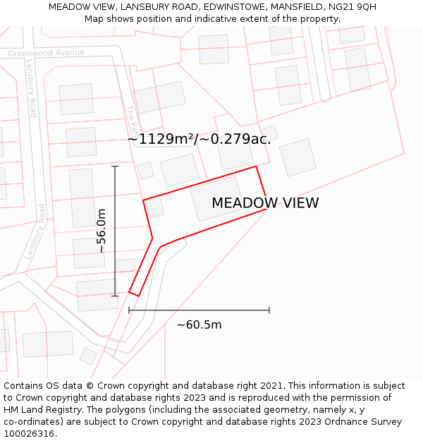 MEADOW VIEW, LANSBURY ROAD, EDWINSTOWE, MANSFIELD, NG21 9QH: Plot and title map