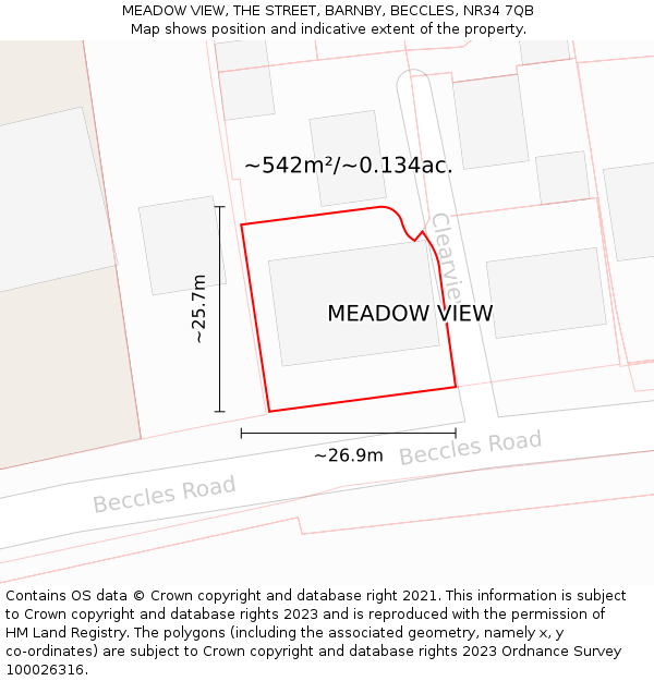 MEADOW VIEW, THE STREET, BARNBY, BECCLES, NR34 7QB: Plot and title map