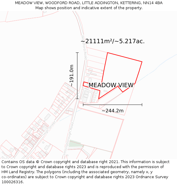 MEADOW VIEW, WOODFORD ROAD, LITTLE ADDINGTON, KETTERING, NN14 4BA: Plot and title map