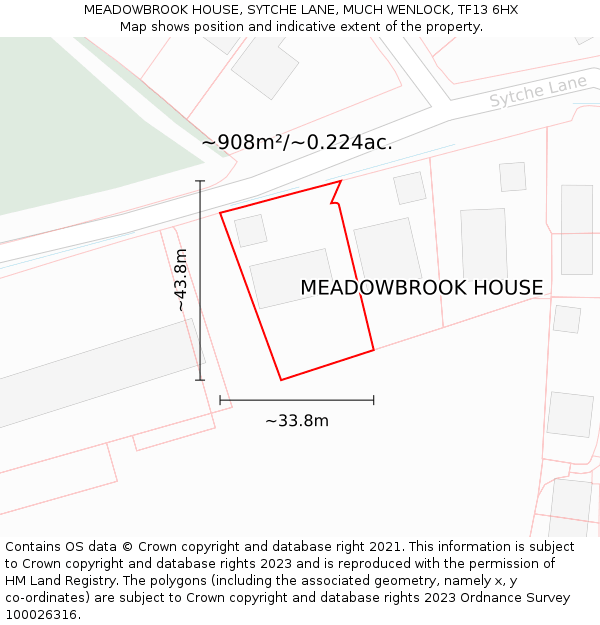 MEADOWBROOK HOUSE, SYTCHE LANE, MUCH WENLOCK, TF13 6HX: Plot and title map