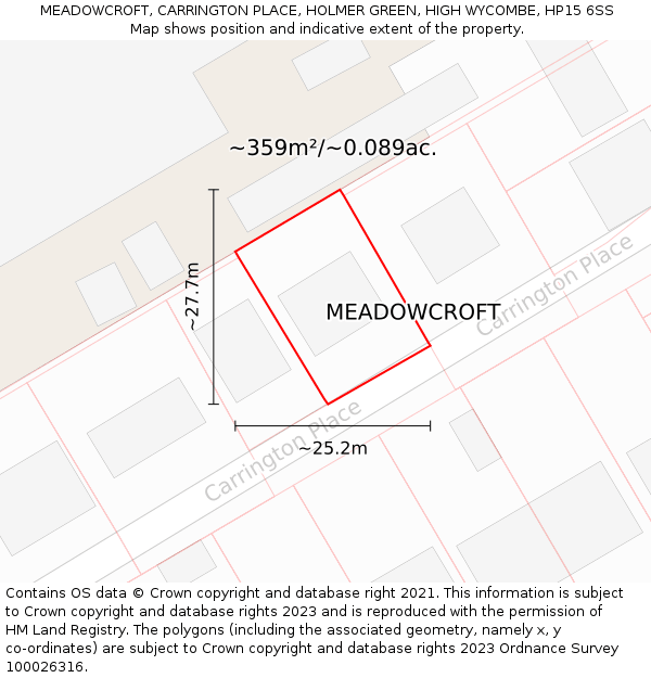 MEADOWCROFT, CARRINGTON PLACE, HOLMER GREEN, HIGH WYCOMBE, HP15 6SS: Plot and title map