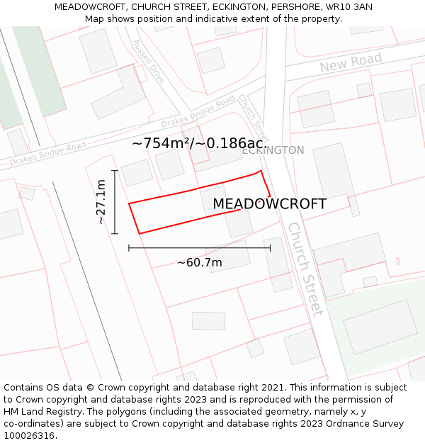 MEADOWCROFT, CHURCH STREET, ECKINGTON, PERSHORE, WR10 3AN: Plot and title map