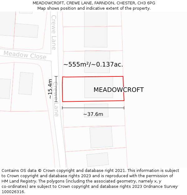 MEADOWCROFT, CREWE LANE, FARNDON, CHESTER, CH3 6PG: Plot and title map