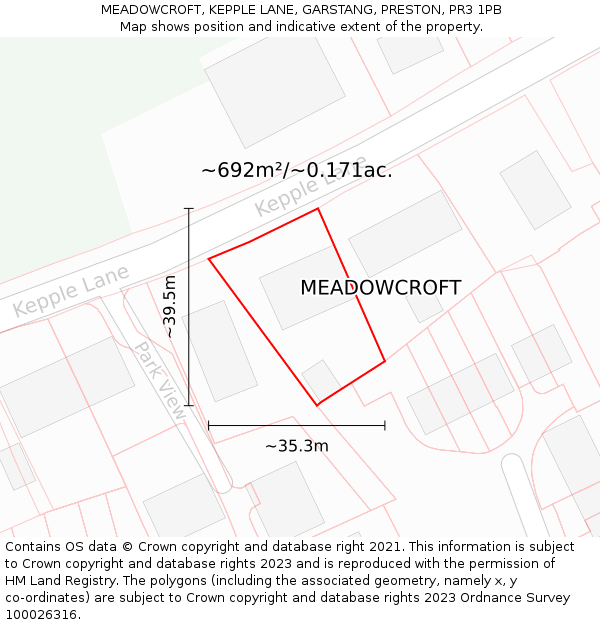 MEADOWCROFT, KEPPLE LANE, GARSTANG, PRESTON, PR3 1PB: Plot and title map