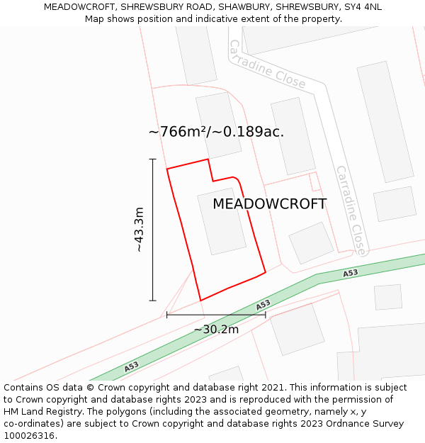 MEADOWCROFT, SHREWSBURY ROAD, SHAWBURY, SHREWSBURY, SY4 4NL: Plot and title map