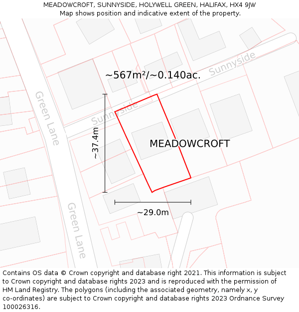 MEADOWCROFT, SUNNYSIDE, HOLYWELL GREEN, HALIFAX, HX4 9JW: Plot and title map