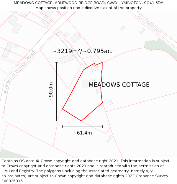 MEADOWS COTTAGE, ARNEWOOD BRIDGE ROAD, SWAY, LYMINGTON, SO41 6DA: Plot and title map