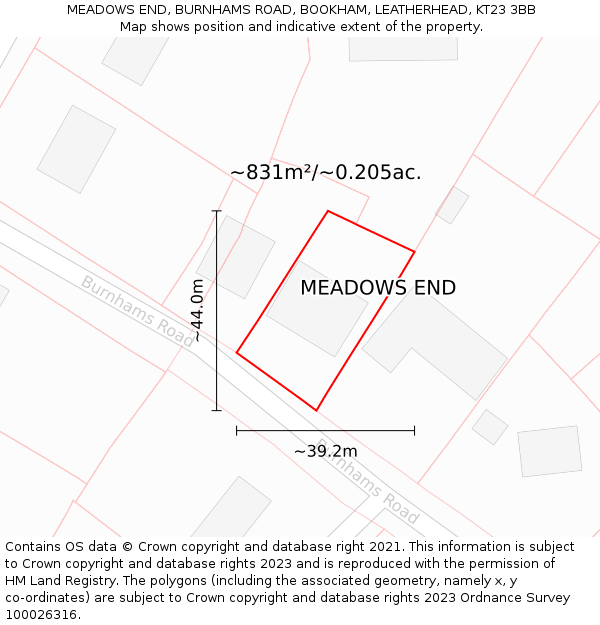 MEADOWS END, BURNHAMS ROAD, BOOKHAM, LEATHERHEAD, KT23 3BB: Plot and title map