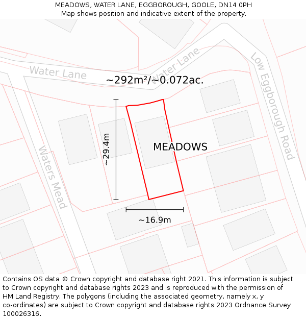 MEADOWS, WATER LANE, EGGBOROUGH, GOOLE, DN14 0PH: Plot and title map