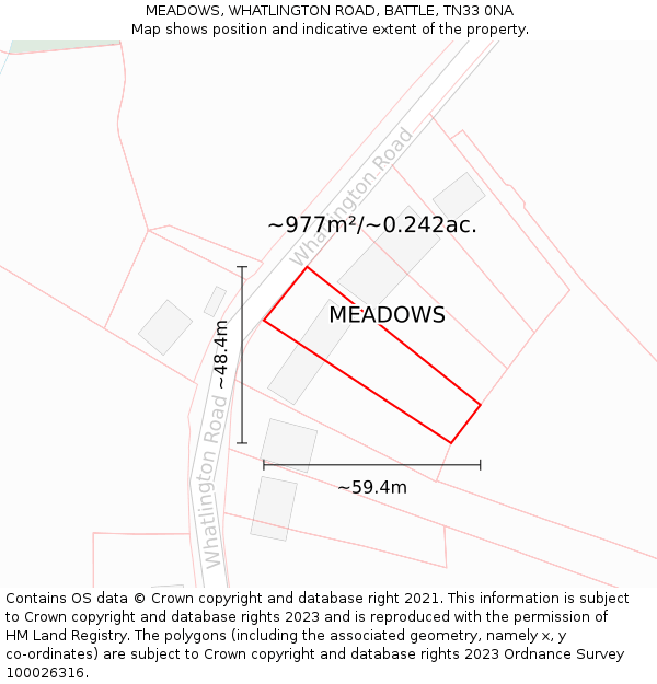 MEADOWS, WHATLINGTON ROAD, BATTLE, TN33 0NA: Plot and title map