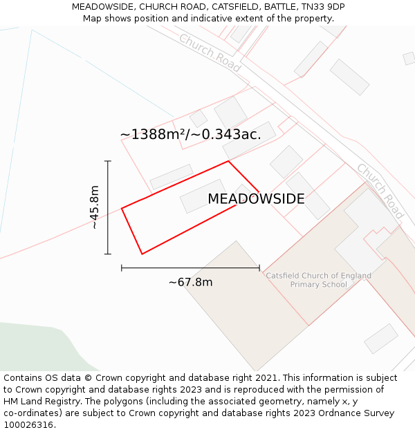 MEADOWSIDE, CHURCH ROAD, CATSFIELD, BATTLE, TN33 9DP: Plot and title map