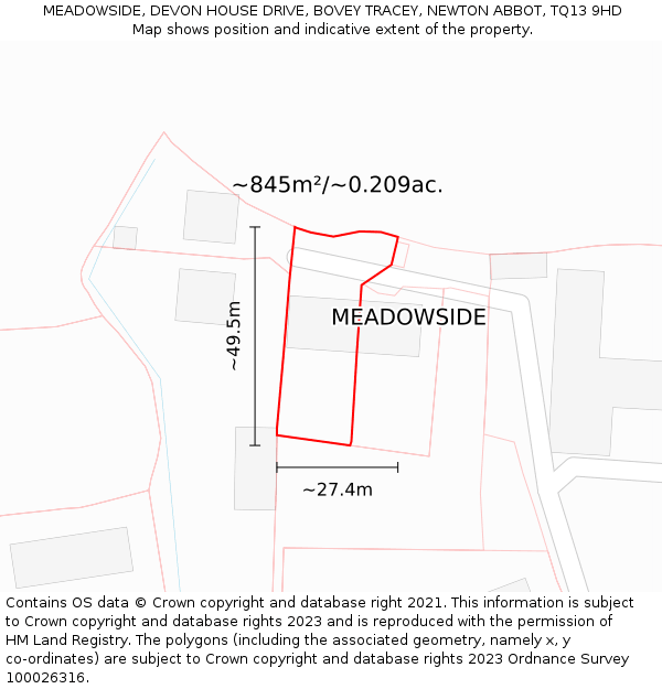 MEADOWSIDE, DEVON HOUSE DRIVE, BOVEY TRACEY, NEWTON ABBOT, TQ13 9HD: Plot and title map