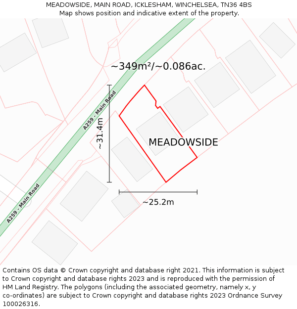 MEADOWSIDE, MAIN ROAD, ICKLESHAM, WINCHELSEA, TN36 4BS: Plot and title map