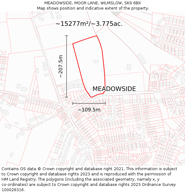 MEADOWSIDE, MOOR LANE, WILMSLOW, SK9 6BX: Plot and title map