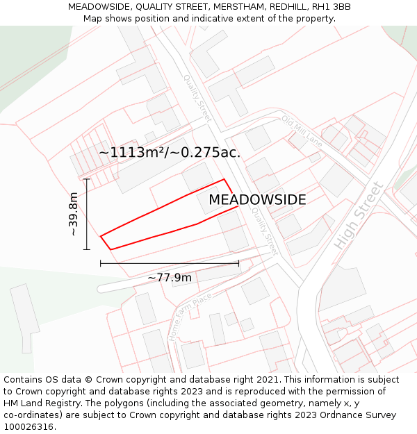 MEADOWSIDE, QUALITY STREET, MERSTHAM, REDHILL, RH1 3BB: Plot and title map