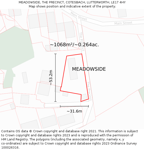MEADOWSIDE, THE PRECINCT, COTESBACH, LUTTERWORTH, LE17 4HY: Plot and title map