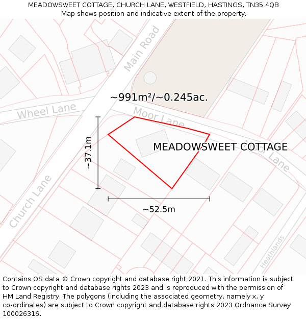 MEADOWSWEET COTTAGE, CHURCH LANE, WESTFIELD, HASTINGS, TN35 4QB: Plot and title map