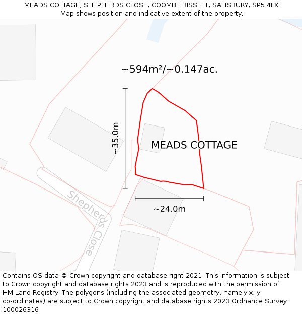 MEADS COTTAGE, SHEPHERDS CLOSE, COOMBE BISSETT, SALISBURY, SP5 4LX: Plot and title map