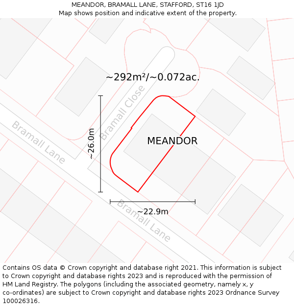 MEANDOR, BRAMALL LANE, STAFFORD, ST16 1JD: Plot and title map