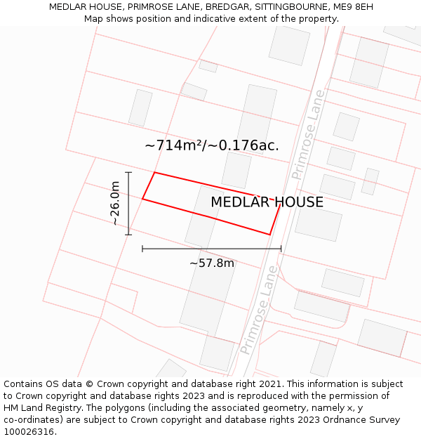 MEDLAR HOUSE, PRIMROSE LANE, BREDGAR, SITTINGBOURNE, ME9 8EH: Plot and title map