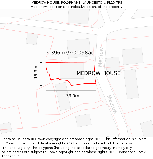 MEDROW HOUSE, POLYPHANT, LAUNCESTON, PL15 7PS: Plot and title map