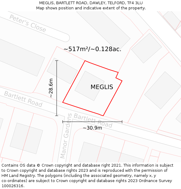 MEGLIS, BARTLETT ROAD, DAWLEY, TELFORD, TF4 3LU: Plot and title map