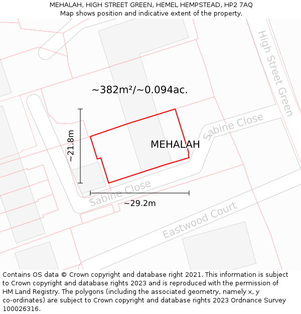 MEHALAH, HIGH STREET GREEN, HEMEL HEMPSTEAD, HP2 7AQ: Plot and title map