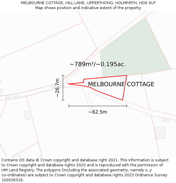 MELBOURNE COTTAGE, HILL LANE, UPPERTHONG, HOLMFIRTH, HD9 3UY: Plot and title map