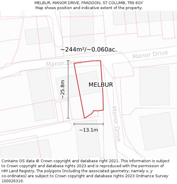 MELBUR, MANOR DRIVE, FRADDON, ST COLUMB, TR9 6GY: Plot and title map