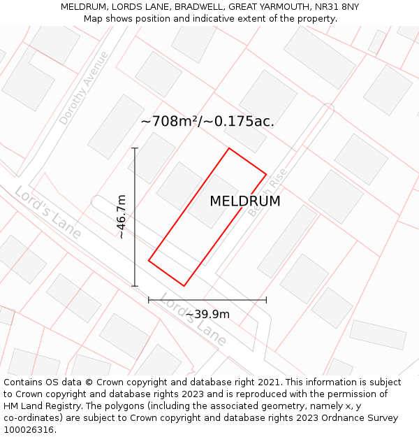 MELDRUM, LORDS LANE, BRADWELL, GREAT YARMOUTH, NR31 8NY: Plot and title map