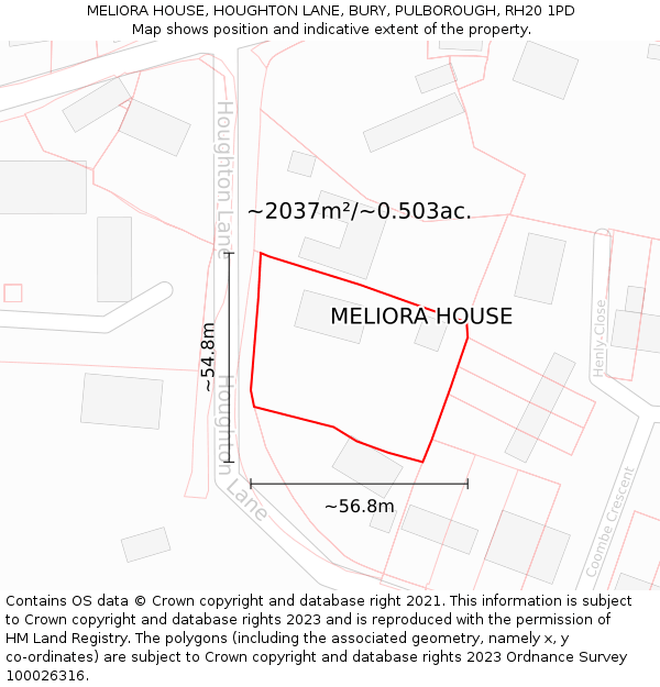 MELIORA HOUSE, HOUGHTON LANE, BURY, PULBOROUGH, RH20 1PD: Plot and title map