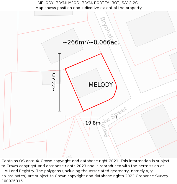 MELODY, BRYNHAFOD, BRYN, PORT TALBOT, SA13 2SL: Plot and title map