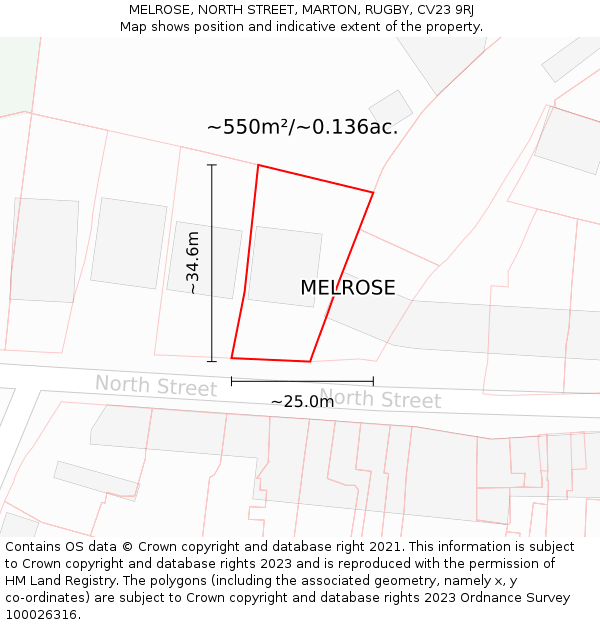 MELROSE, NORTH STREET, MARTON, RUGBY, CV23 9RJ: Plot and title map