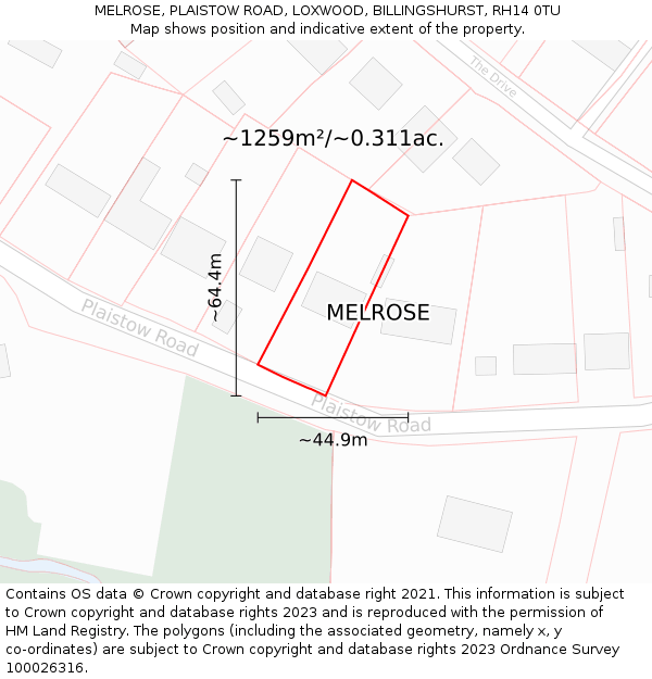MELROSE, PLAISTOW ROAD, LOXWOOD, BILLINGSHURST, RH14 0TU: Plot and title map