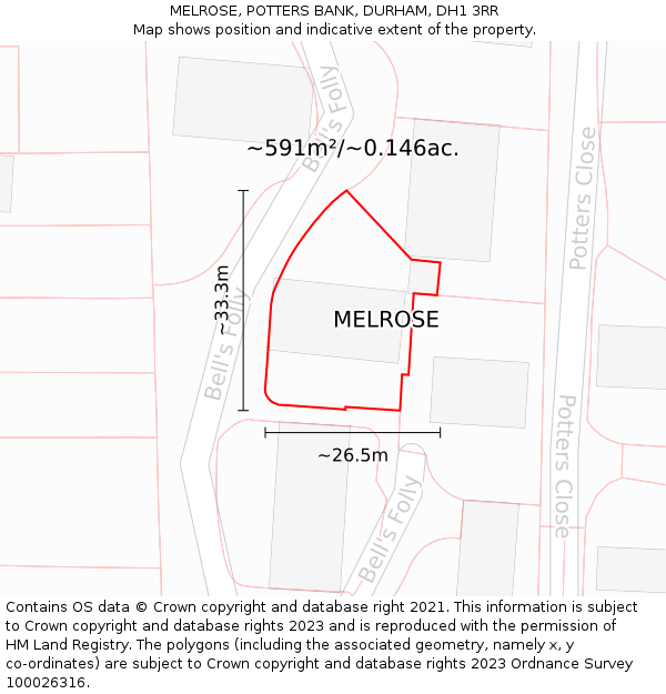 MELROSE, POTTERS BANK, DURHAM, DH1 3RR: Plot and title map